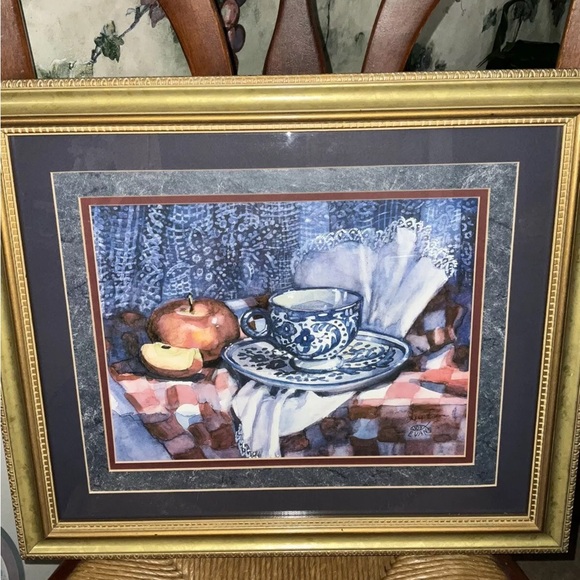 Vintage Joy Evans Blue Porcelian Tea Cup Signed, Framed & Matted Print 🍎 - Picture 2 of 9